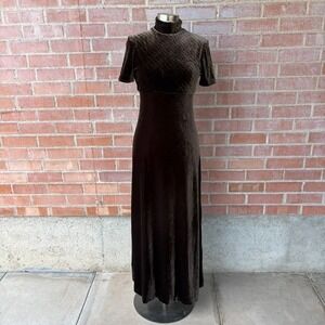 Kay Unger New York Brown Velvet Mock Neck Maxi Dress Textured Bodice 90s Vintage
